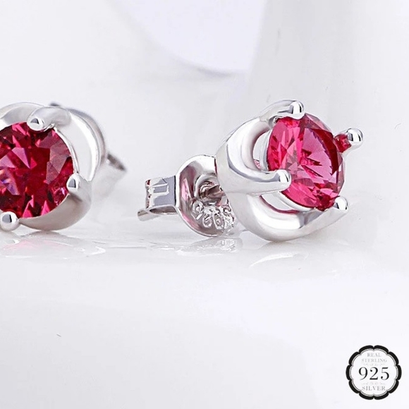 NEW 925 Silver Round Pink Sapphire Stud Earrings - Picture 3 of 12